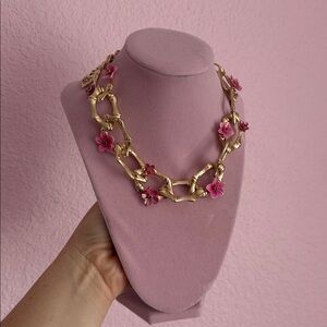 Gold inspired Bamboo Link Necklace with Pink Flower Accents